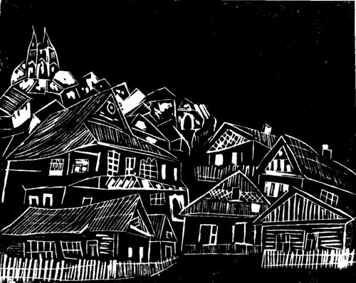 Shtetl in the Pale Blue - Original Linocut