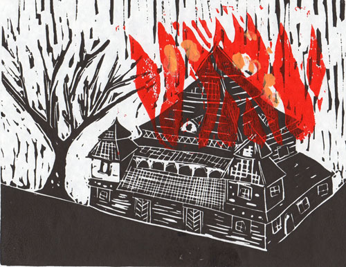 Śniadowo, Poland - Original Linocut, Ablaze