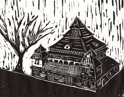 Śniadowo, Poland - Original Linocut, Black & White